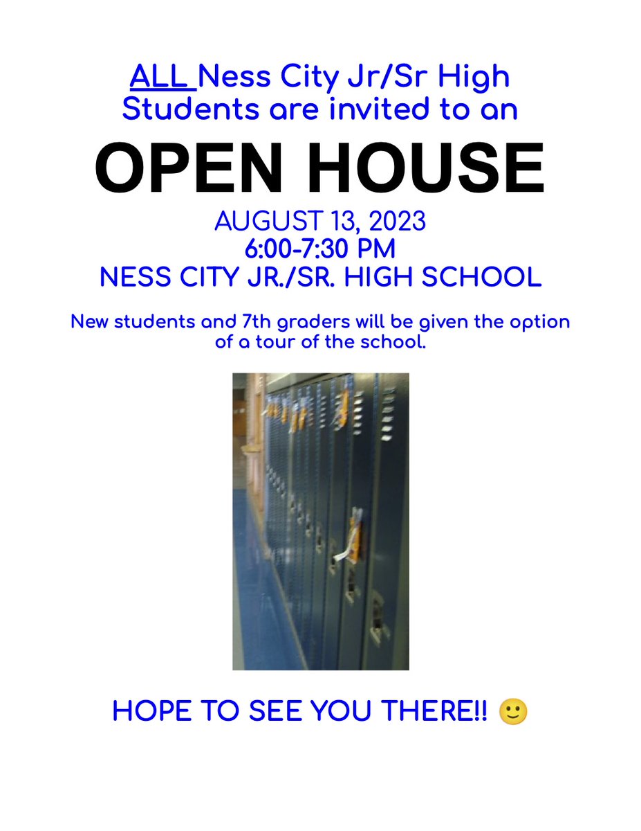 School starts next Thursday, which means <a href="/NessCityEagles/">Ness City Jr/Sr High</a> will have an Open House on Sunday starting at 6:00 pm.