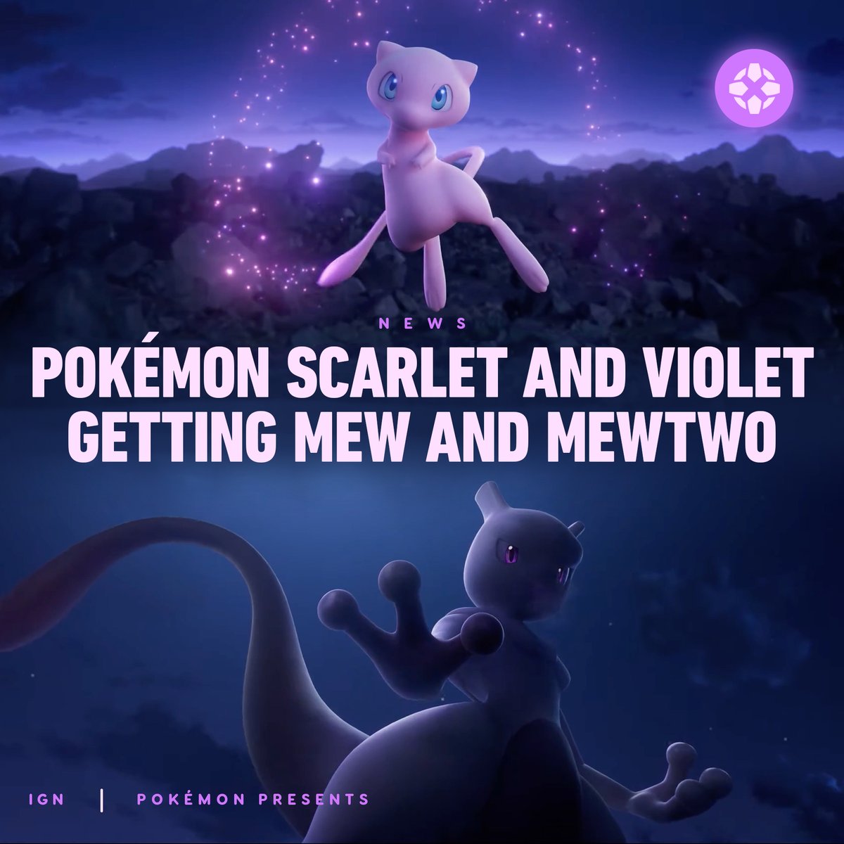 IGN's tweet photo. Pokémon Scarlet and Violet players can unlock Mew immediately and Mewtwo through a Tera Raid Battle from September 1 to 17. https://t.co/P9g1S0GAuF https://t.co/vPrH7fiBWV
