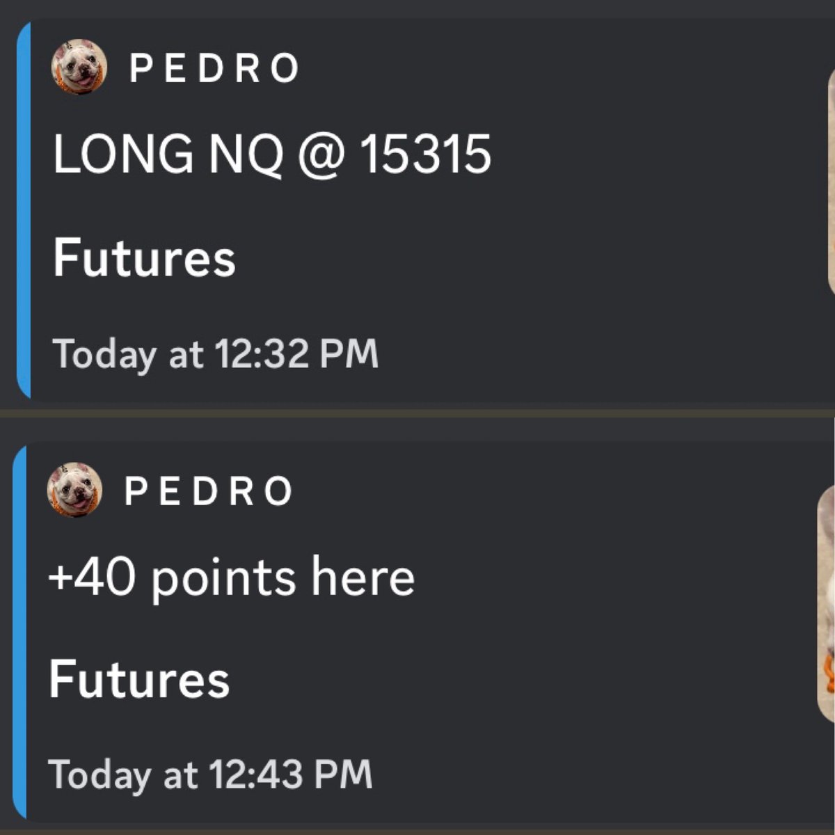 CapGainsGroup's tweet image. 🔥💰 +40 pt gain on NQ LONG @ 15315 by @PABLO2THEMOON 

Sign up for a 7 day free trial at capgainsgroup.com

#FuturesTrading #Futures #StockMarket