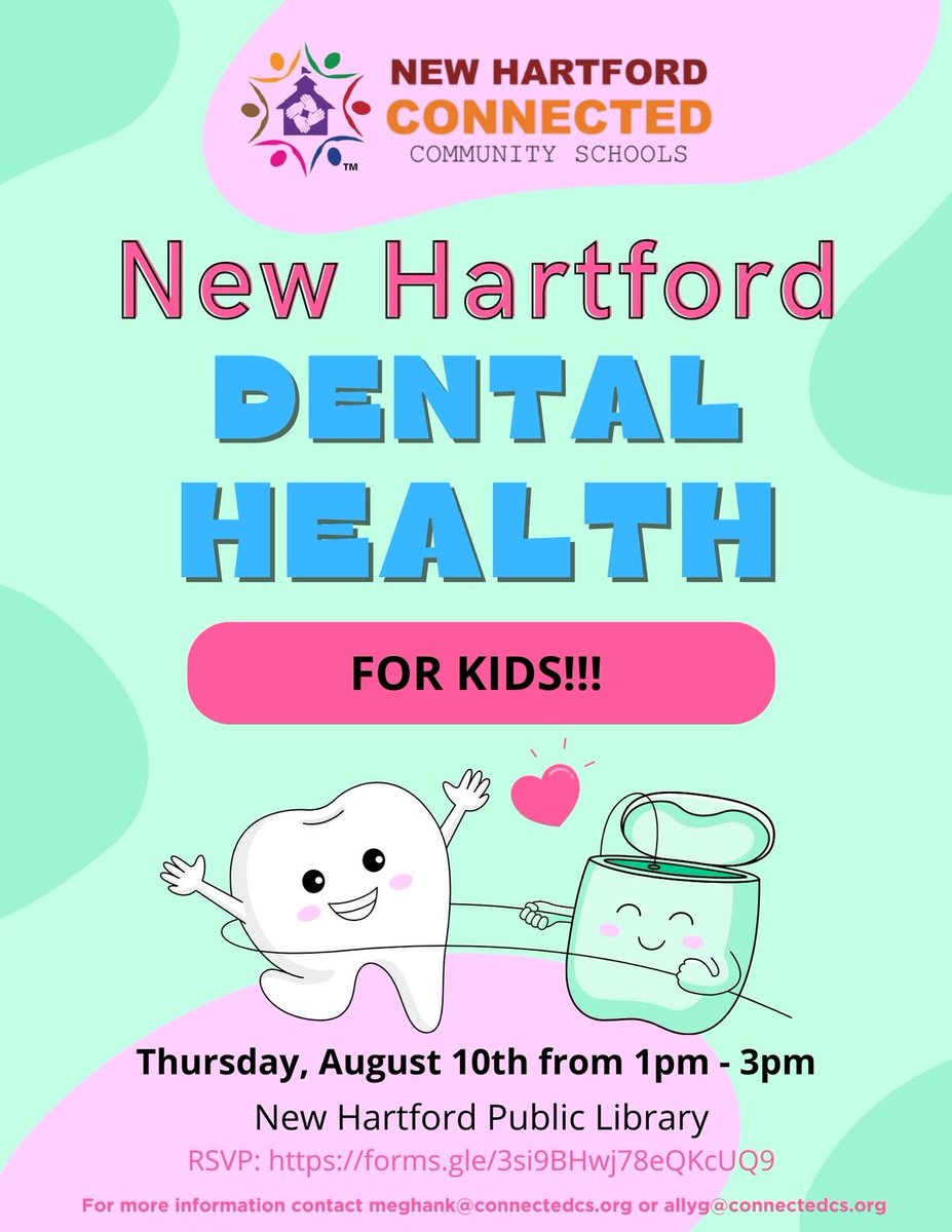 🦷RSVP to attend New Hartford @CCS_Connected's Dental Health for Kids event🦷 📅Date: Thursday, Aug. 10 🕤Time: 1 to 3 p.m. 📍Location: @NHPLibrary Click here to RSVP👇 docs.google.com/forms/d/e/1FAI… ℹ️Contact meghank@connectedcs.org or allyg@connectedcs.org for more information