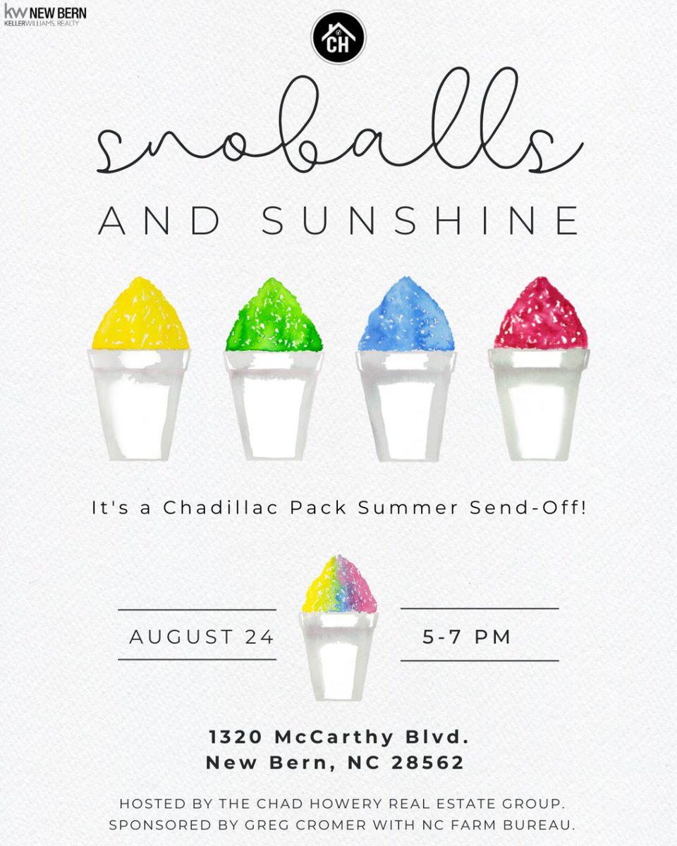 🍧Wonderful Clients, join us to celebrate YOU! Chadillac Pack's Summer Send-Off: Pelican's Snoballs, sun-kissed snaps, & fun for all 🗓️ Aug 24th, 5-7pm @ 1320 McCarthy Blvd, New Bern, NC. Toasting to another beautiful summer! ☀️🥳 #chadillacpack #pelicanssnoballs #kwnb #newbern