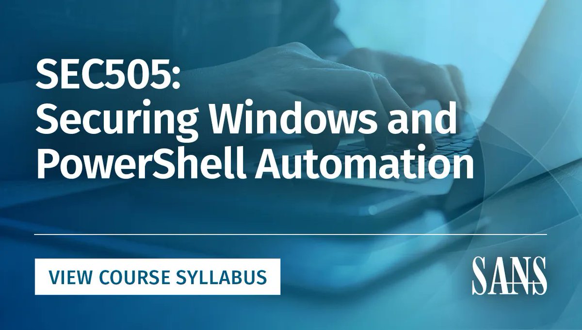 SANSDefense's tweet photo. SEC505 Securing Windows and PowerShell Automation teaches how to use #PowerShell to automate Windows security and harden PowerShell itself. Try the course demo for yourself: https://t.co/5ujzCr64Yh
Learn more about #SEC505: https://t.co/4cGunxkcUI https://t.co/L9zPgKAWiY