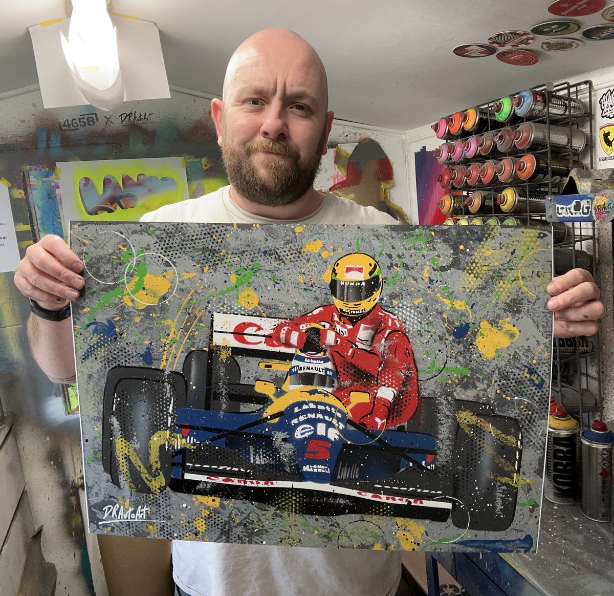 DRAutoart's tweet photo. It’s Nigel’s birthday so thought I’d do one of these graffiti paintings.
Iconic F1 moment with 2 of the greats. Handmade today & in stock now. #drautoart
https://t.co/ugKMiYqByu
.
.
#f1 #formula1 #f11991 #senna #mansell #red5 #ayrtonsenna #nigelmansell #williamsracing #britishgp https://t.co/xw6lk0MJ6p