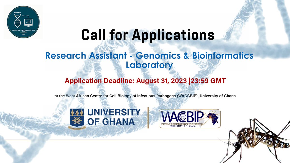 WACCBIP (@waccbip_ug) on Twitter photo We’re inviting applications for a Research Assistant position with our Genomics & bioinformatics Group <a href="/gbl_waccbip/">Genomics & Bioinformatics Lab</a>
Join a dynamic team of energetic and dedicated molecular biologists, Bioinformaticians & data scientists. Apply now!
waccbip.org/media/attachme… We’re inviting applications for a Research Assistant position with our Genomics & bioinformatics Group <a href="/gbl_waccbip/">Genomics & Bioinformatics Lab</a>
Join a dynamic team of energetic and dedicated molecular biologists, Bioinformaticians & data scientists. Apply now!
waccbip.org/media/attachme…