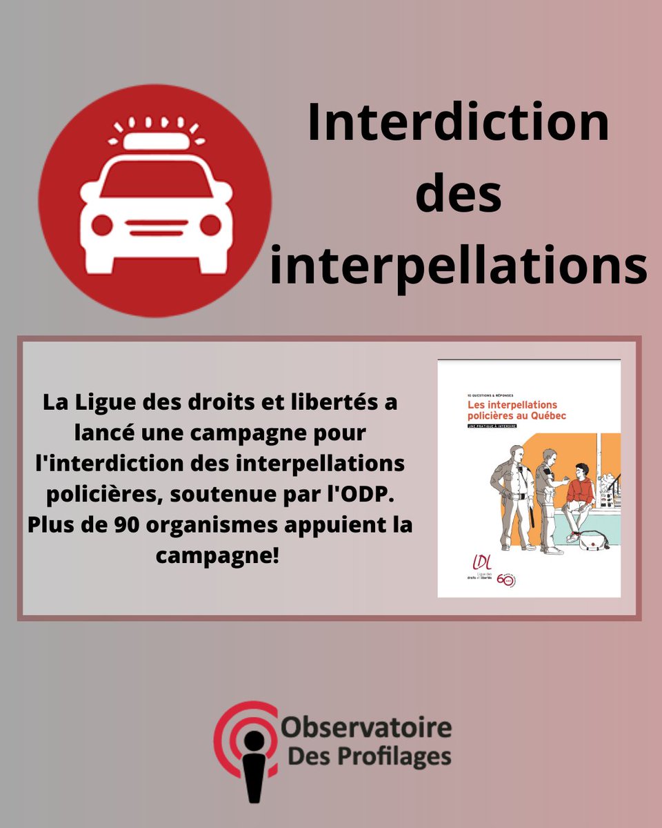 ODP_profilages's tweet photo. 📣 Connaissez-vous les projets de l'ODP? Tout l'été, on vous les présente!
L'ODP soutient la campagne pour l'interdiction des #interpellationspolicières (#streetchecks) de la @LiguedesDroits
Pour en savoir plus: https://t.co/Kzis2lERtU
#profilageRacial #profilagesocial https://t.co/9UayTEDJZ6