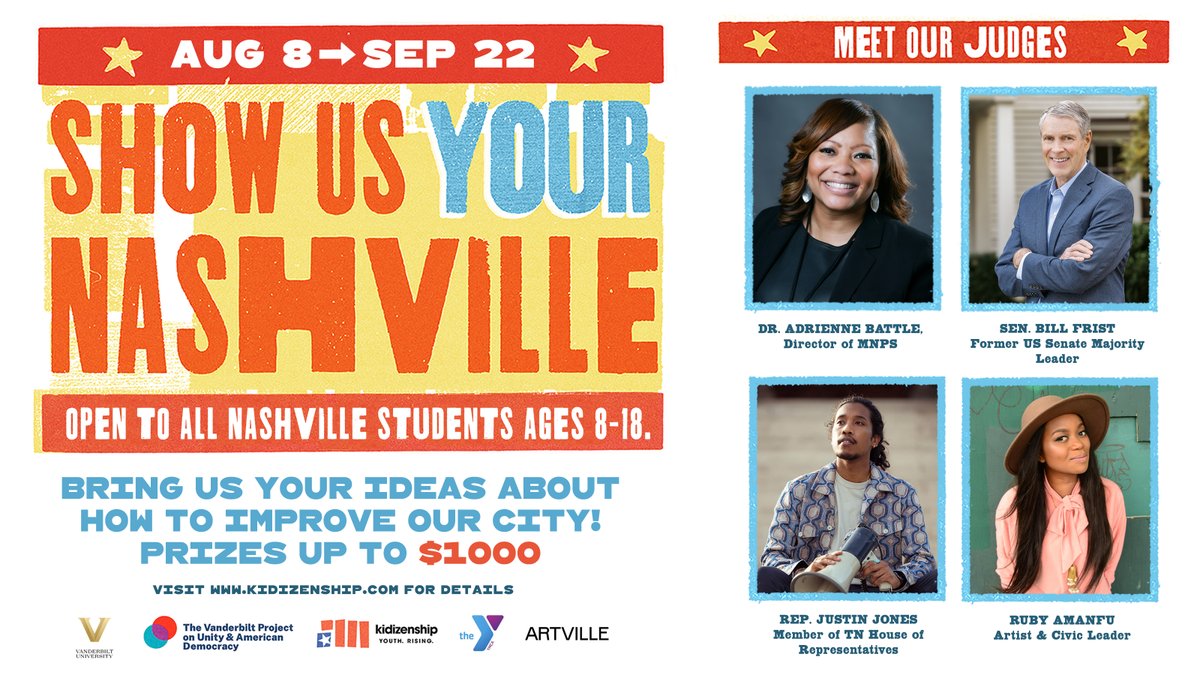 We’re launching "Show Us YOUR Nashville,” a contest for kids 8-18: Present ideas to city leaders about improving Nashville! Judges: Dr. Adrienne Battle @metroschools <a href="/brotherjones_/">Rep. Justin Jones</a> <a href="/bfrist/">Bill Frist, M.D.</a> @rubyamanfu. Co-hosts @vandyunity <a href="/tncee/">Tianna Martinez</a> Prizes up to $1000! Deets: kidizenship.com/show-us-your-n…