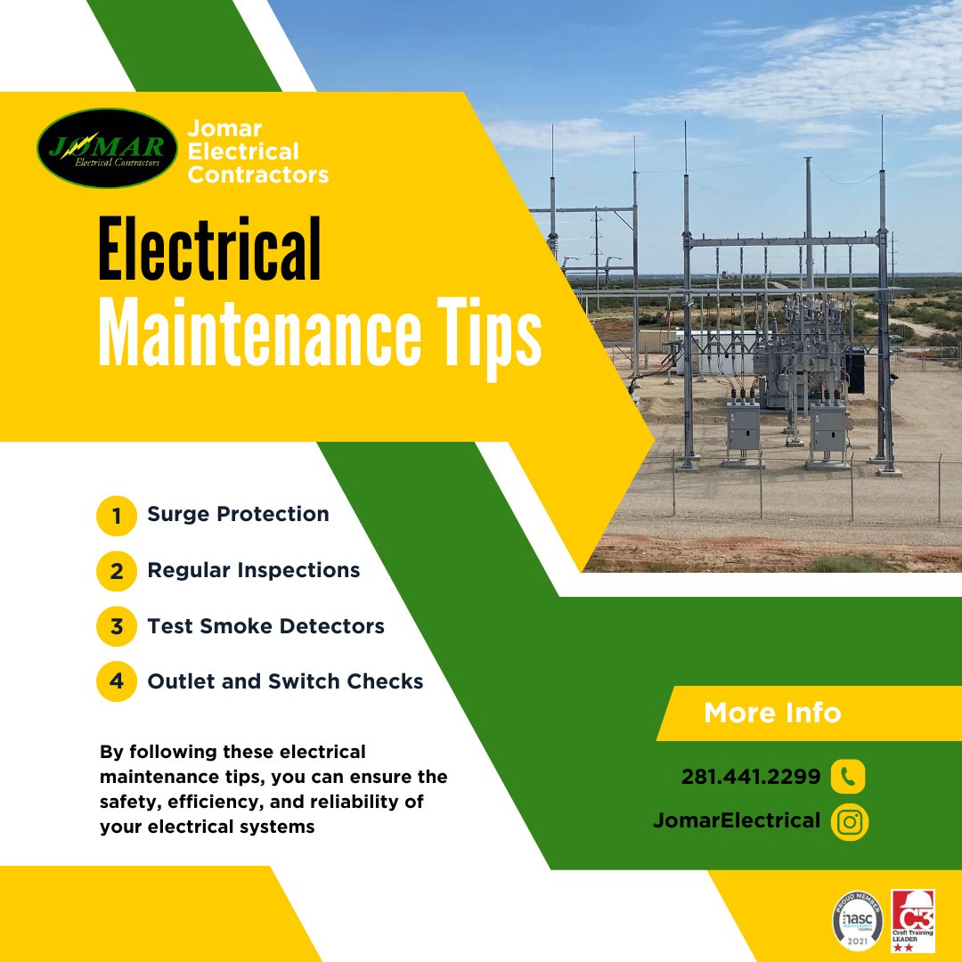 JomarElectrical's tweet photo. Check out these electrical maintenance tips!

#jomar #austintx #houstontx #lubbocktx #electricians #electricalcontractors #electrical #lettherebelight #maintenancetips https://t.co/jv9SHv9Ep2