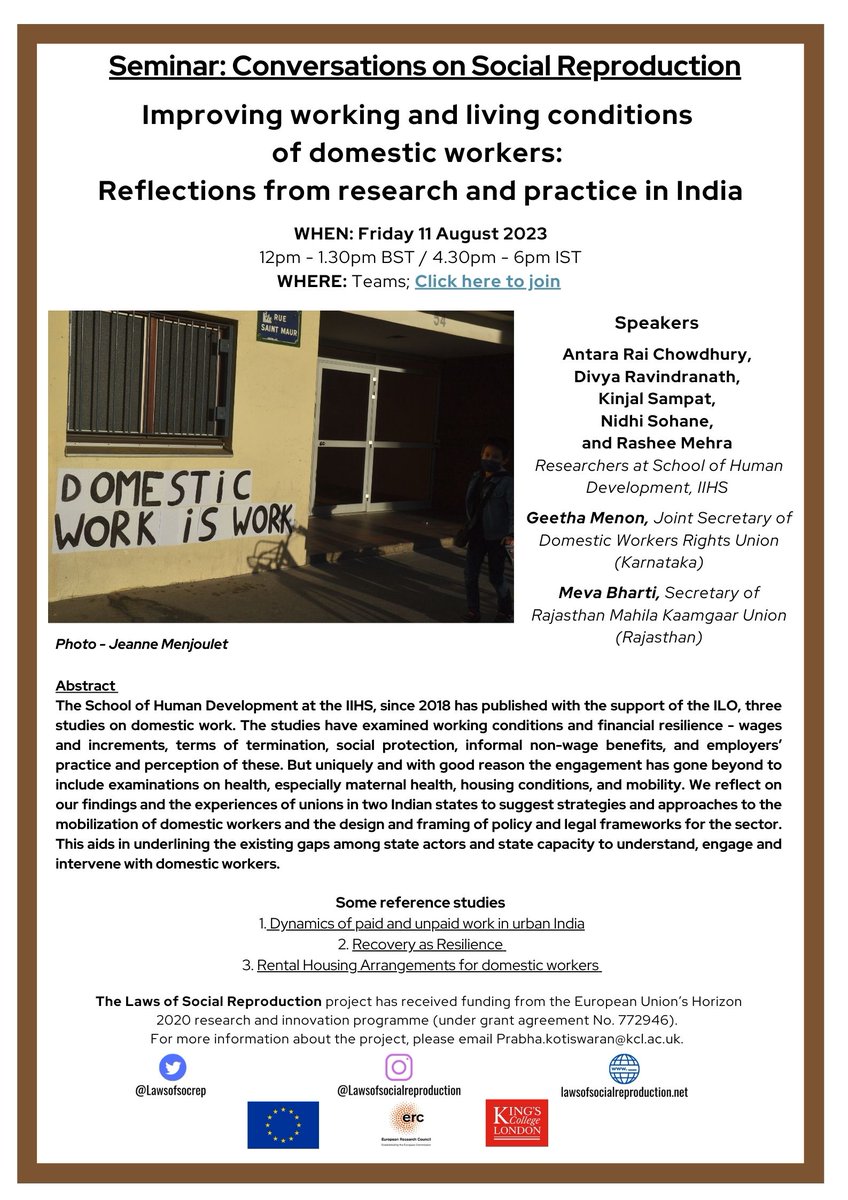 Prabha Kotiswaran (@pkotiswaran) on Twitter photo Join us Friday Aug 11, 4.30-6pm IST <a href="/LawsOfSocialRep/">Laws of Social Reproduction ⚖️♀️</a> Colleagues <a href="/iihsin/">Indian Institute for Human Settlements</a> <a href="/divyarrs/">Divya Ravindranath</a> <a href="/nidhisohane/">Nidhi Sohane</a> <a href="/rasheemehra/">Rashee Mehra</a> will present research for <a href="/ILONewDelhi/">ILO India</a> on paid domestic work & reflect w/trade unions on creative legal responses for securing domestic workers' rights mod by <a href="/prashant9_/">prashant</a> Join us Friday Aug 11, 4.30-6pm IST <a href="/LawsOfSocialRep/">Laws of Social Reproduction ⚖️♀️</a> Colleagues <a href="/iihsin/">Indian Institute for Human Settlements</a> <a href="/divyarrs/">Divya Ravindranath</a> <a href="/nidhisohane/">Nidhi Sohane</a> <a href="/rasheemehra/">Rashee Mehra</a> will present research for <a href="/ILONewDelhi/">ILO India</a> on paid domestic work & reflect w/trade unions on creative legal responses for securing domestic workers' rights mod by <a href="/prashant9_/">prashant</a>
