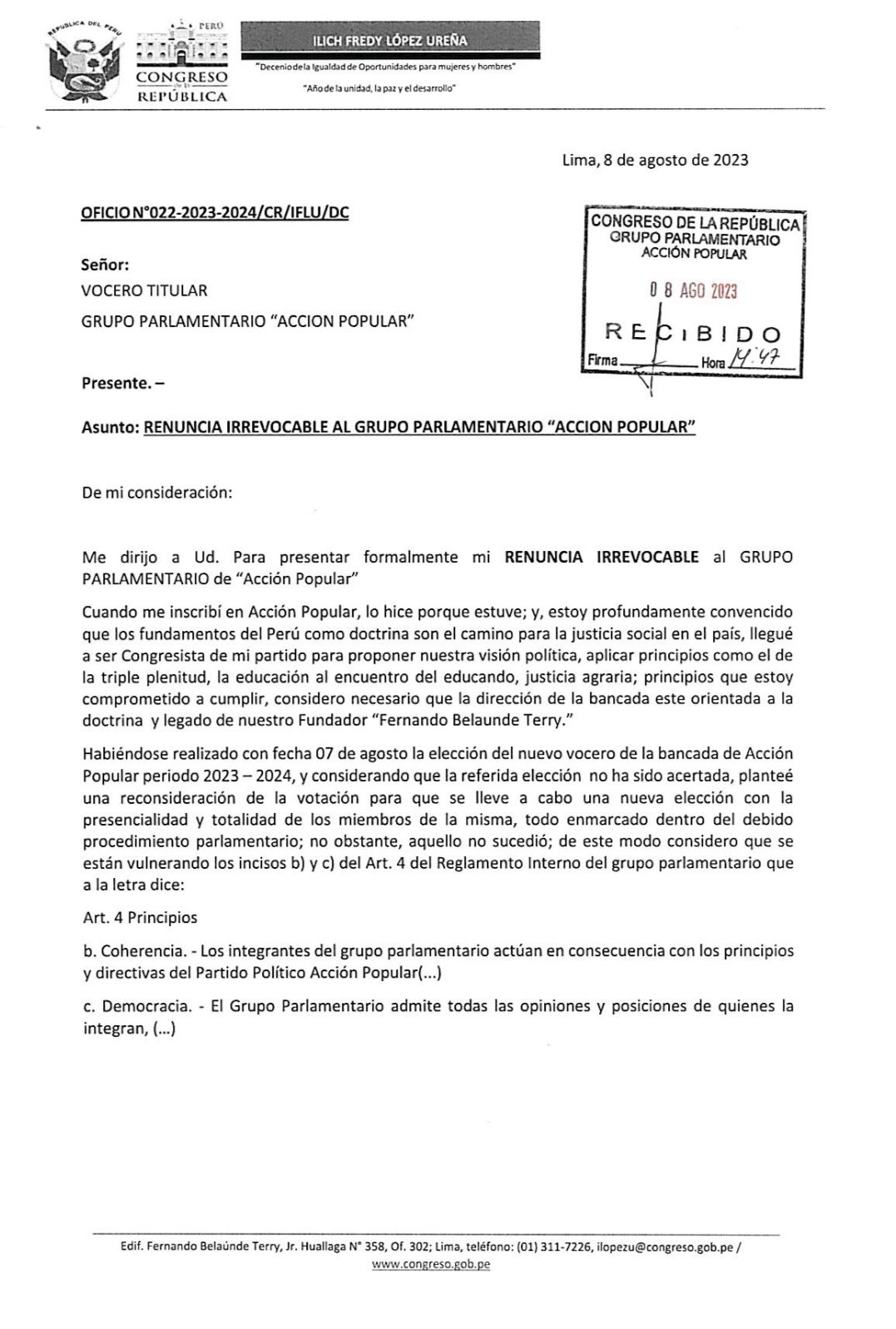 Maricarmen Alva: renuncia de Illich López a la bancada de Acción Popular (Fuente: Twitter).