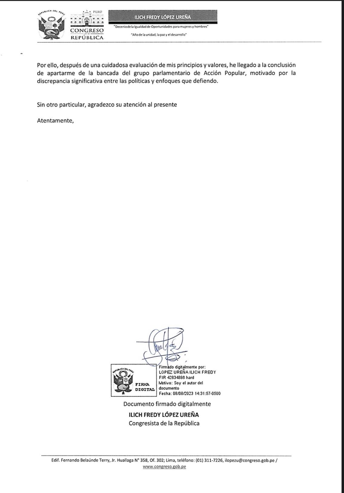 Maricarmen Alva: renuncia de Illich López a la bancada de Acción Popular (Fuente: Twitter).