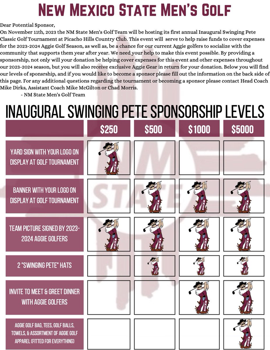 We are excited to announce our Inaugural Swinging Pete Classic!
Come join us for a fun day of golf on Nov. 11th to help support our golf program! Pictured is the fundraising tournament flyer along with a 2nd flyer with sponsorship opportunities to help support the event &amp; team!