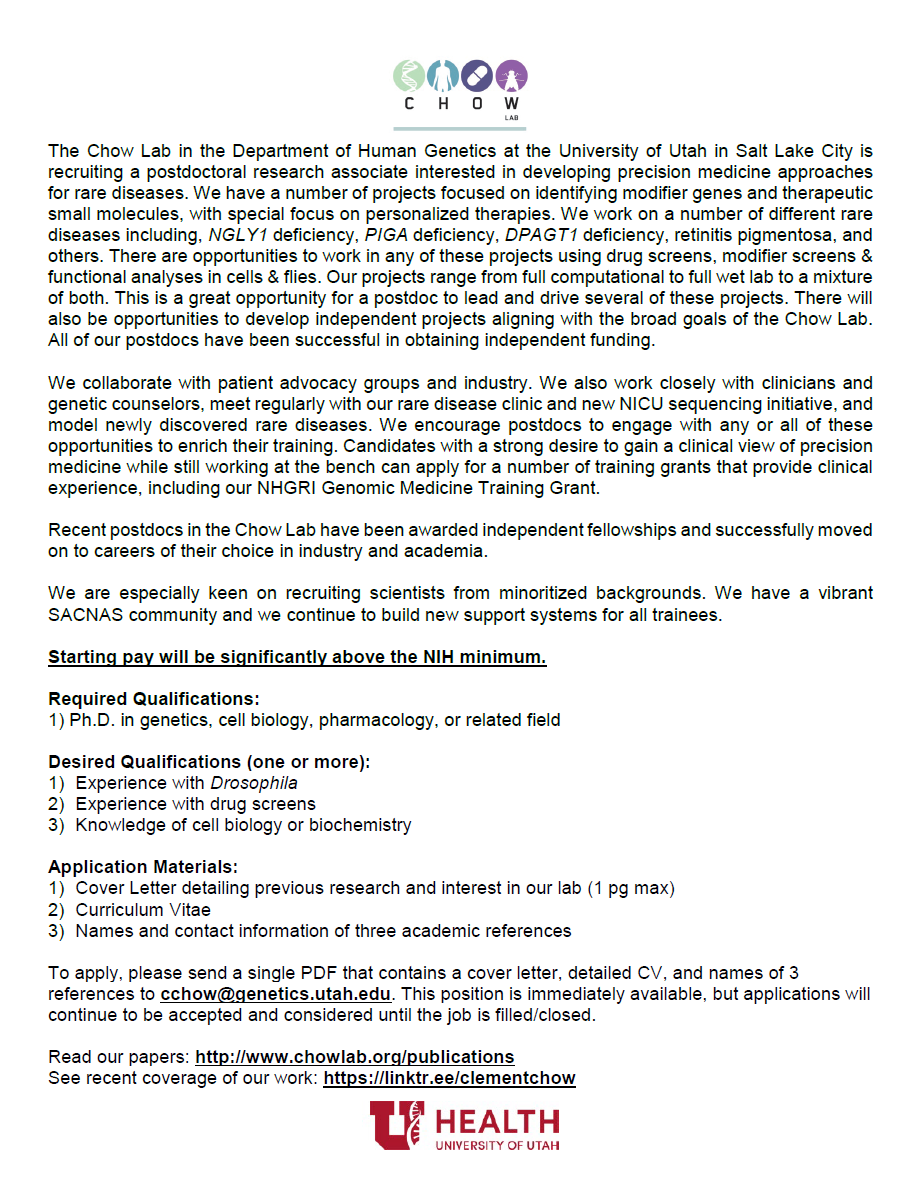 The @chowlab is looking for multiple postdocs to work on Precision Medicine for rare disease! Opportunities to work with industry, patient foundations and physicians. Starting pay will be substantially higher than NIH minimum. DM or email me! static1.squarespace.com/static/5586048…