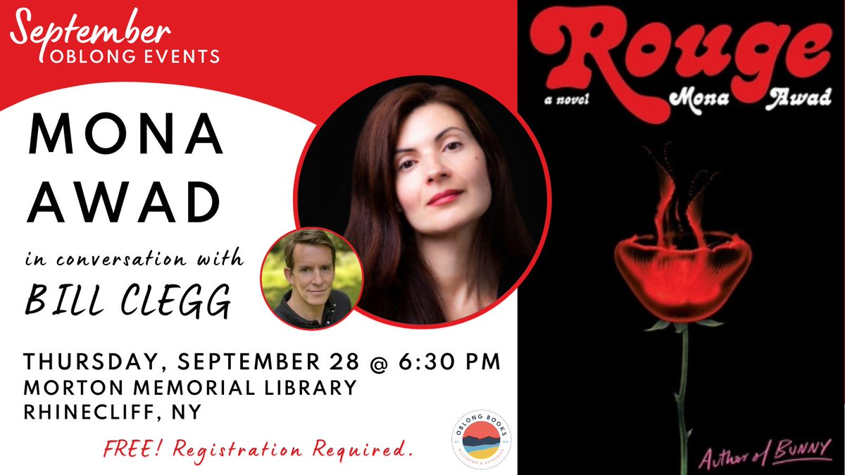 Next Week! Thurs, Sept. 28 @ 6:30pm: Join us at <a href="/mortonmlibrary/">Morton Rhinecliff</a> for an event with Mona Awad, author of ROUGE! Mona will talk with Bill Clegg about her new horror-tinted, gothic fairy tale.    

Register here: bit.ly/445zU2C    

<a href="/SimonBooks/">Simon & Schuster</a>