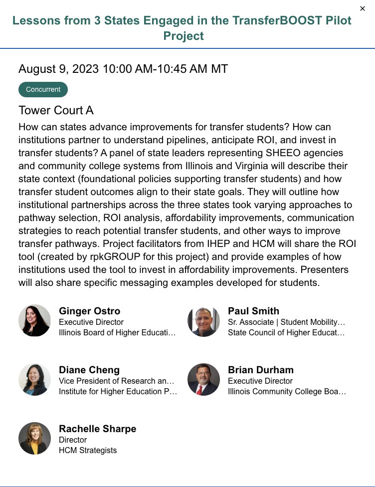HCMStrat's tweet photo. Day 2 of #SHEE2023 and we're kicking things off with a panel on lessons learned from the #TransferBOOST Pilot Project with @IHEPTweets, @IBHETweets, @SCHEVnews and the Illinois Community College Board. https://t.co/sorErv53jL