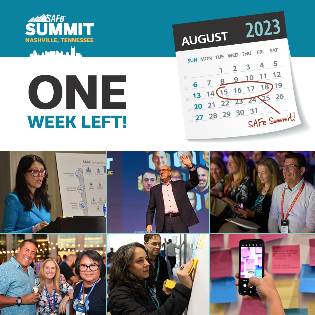 One week left!The show is about to start at the 2023 #SAFeSummit Nashville and there are a few spots left. Register today before it is too late! Don't miss inspiring keynotes, customer stories, Lightning Talks, the Product Lab, networking, and much more. safesummit.com/2023nashville/