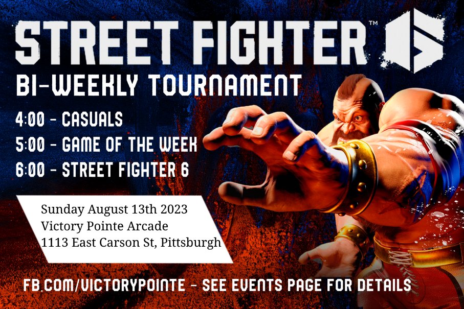Upcoming Pittsburgh FGC offline Bi-weekly tournament will be held at Victory Pointe arcade (1113 East Carson St) on the 3rd floor on Sunday, August 13th. Main game will be Street Fighter 6, side tournament will be a Mystery game. Will be streamed by me.

start.gg/tournament/vic…