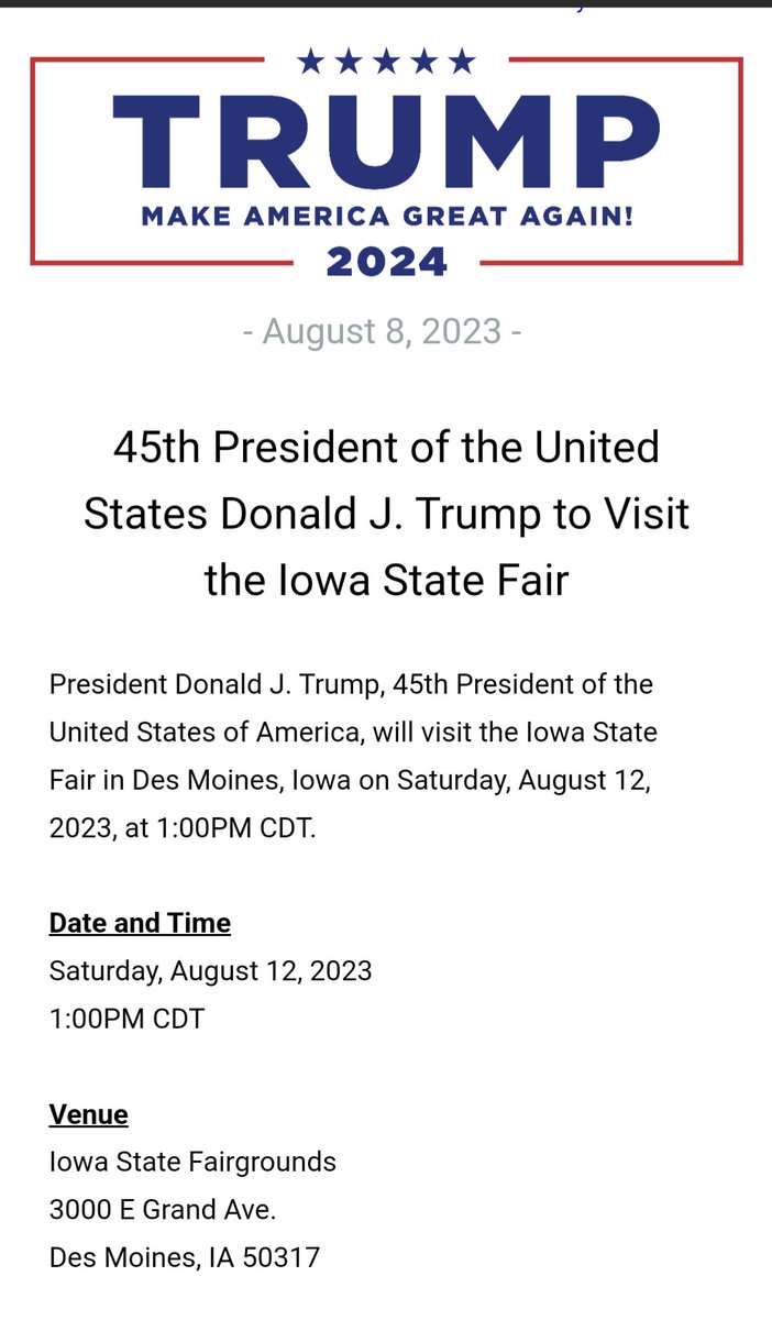 IAStartingLine's tweet photo. It's official: Trump is coming to the Iowa State Fair. https://t.co/sd4u6UTzP7