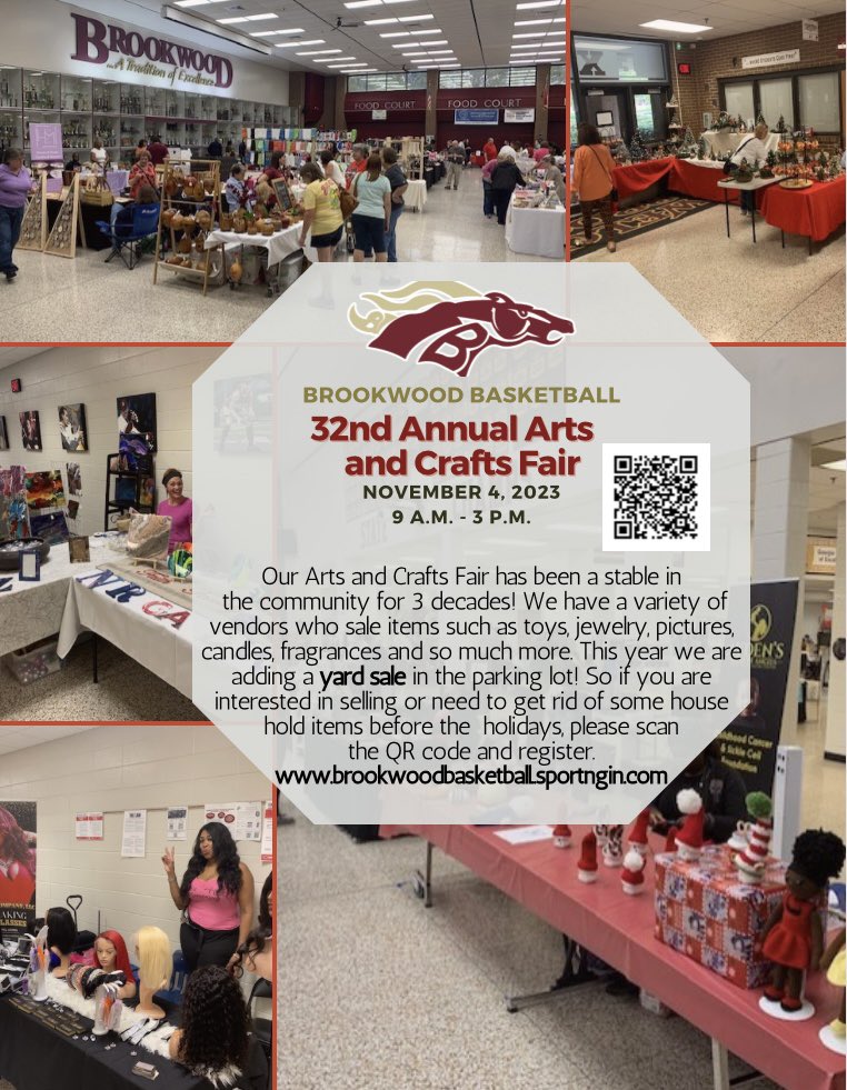 Taking vendor registrations for our Arts and Crafts Fair now. $100 per 12x8 space! Last year we had over 95 vendors, spots fill up fast so don’t miss out. 
brookwoodbasketball.sportngin.com/page/show/8134… <a href="/Bwoodsports/">Brookwood Athletics</a> <a href="/BusterConnects/">Buster Connects</a>