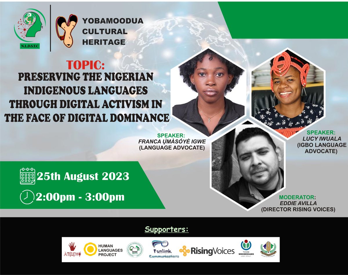 Carving a Niche for the Nigerian Indigenous Languages in the Digital Space.

Register for insightful sessions:
eventbrite.com/e/nigerian-lan…