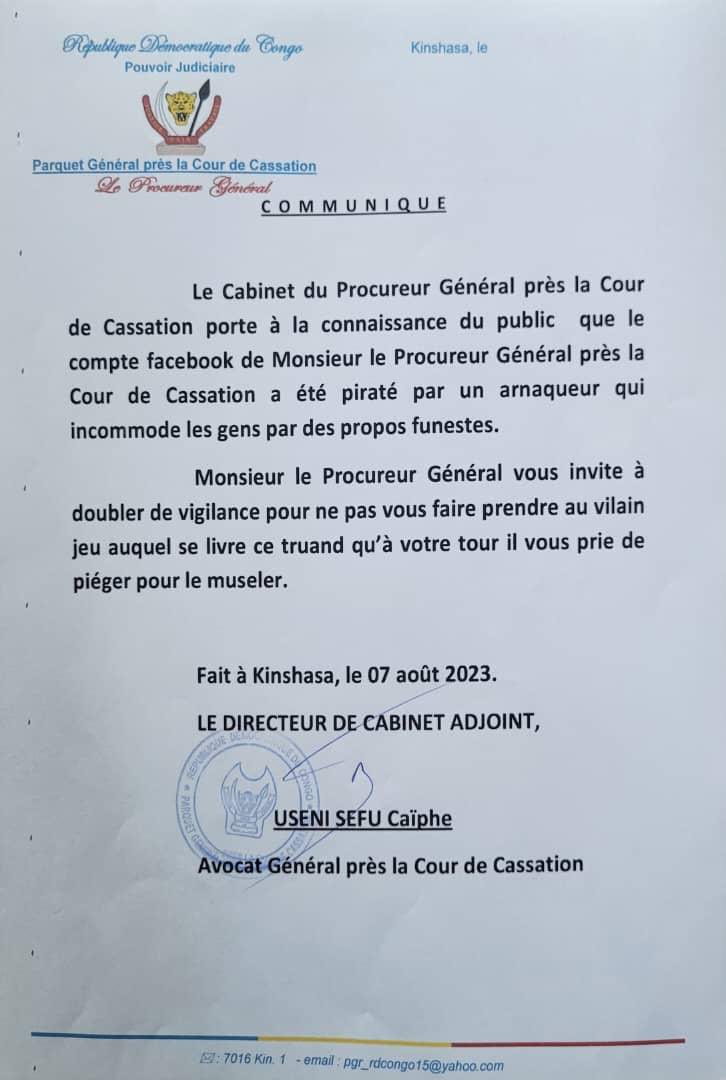IsralMutombo11's tweet photo. #Communiqué : Le cabinet du Procureur Général près la cour de cassation porte à la connaissance du public que le compte Facebook de ce dernier a été piraté. 

Sur ce, le public est invité à doubler plus de vigilance pour ne pas tomber dans le piège de l'ennemi. 
Le contenu du Communiqué ci-dessous ⬇️