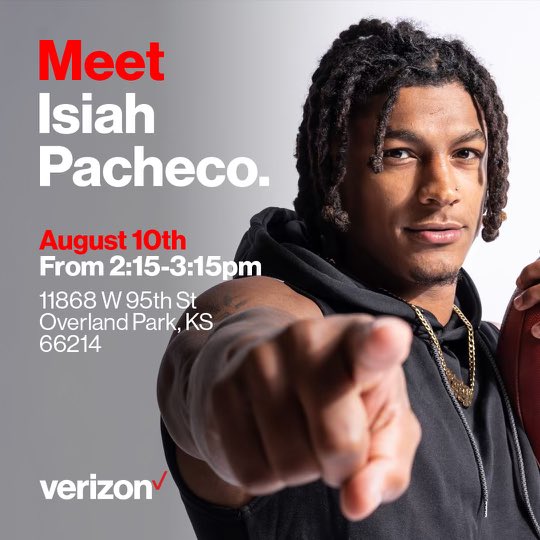 “Hey Chiefs fans, meet me on Thursday, 8/10 at the Verizon Store at 11868 W 95th St, Overland Park from 215-315pm.”
