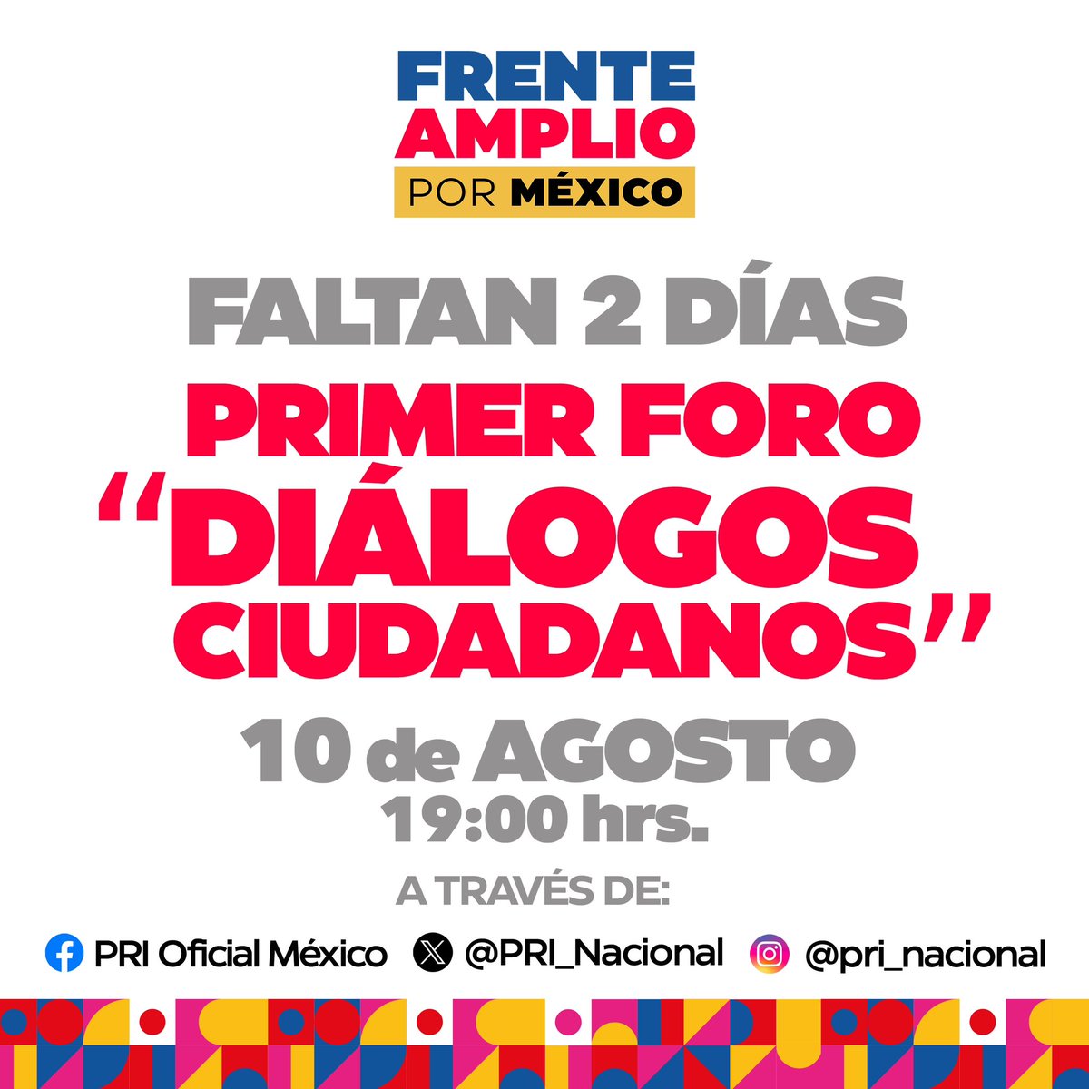 Este jueves 10 de agosto, a las 19 horas, sigue a través de nuestras redes sociales el primer foro “Diálogos Ciudadanos”, organizado por el #FrenteAmplioPorMéxico.

¡Vamos juntos por un México más fuerte!