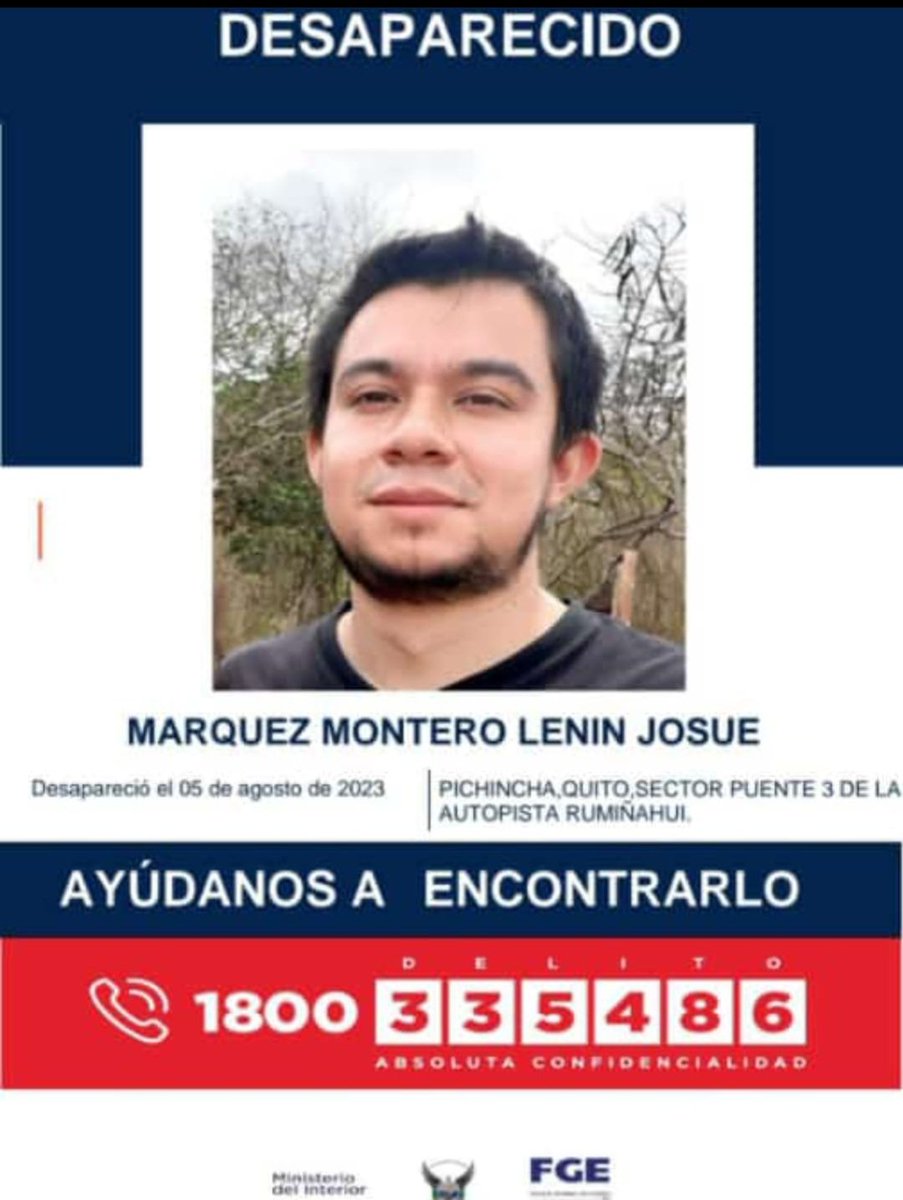 BryanCa10950324's tweet photo. El Ing. #LeninMarquez se encuentra desaparecido desde el sábado 5 de agosto desde las 8:30 am. Solicitamos a la @PoliciaEcuador se encuentre y vuelva Lenin a su casa sano y salvo. @radio_pichincha @elcomerciocom 
#LeninMarquez
#Desaparecido 
#Quito https://t.co/BbLTVVQSCy