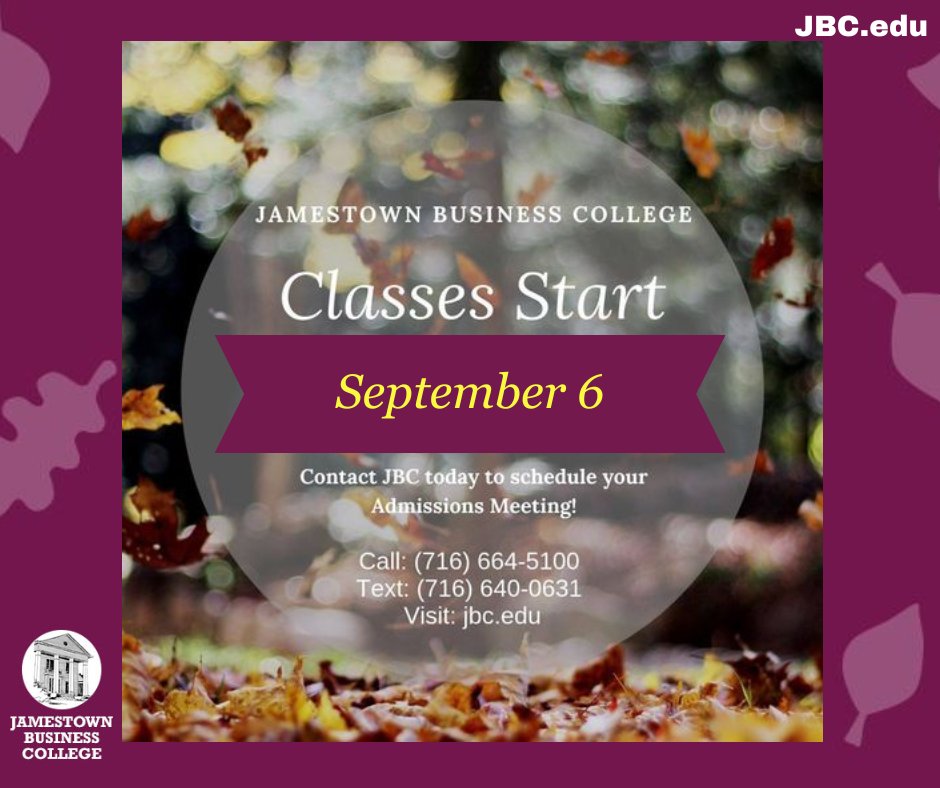 JBC_NY's tweet image. Did you know that JBC has 4 starts every year? Our next start is on September 6! Call: (716) 664-5100 Text: (716) 640-0631 or JBC.edu/admissions/sch… to set up your admissions meeting! #JBCstudents #FallStart #ContactUs #JTNY #JBCisthePlacetoBe