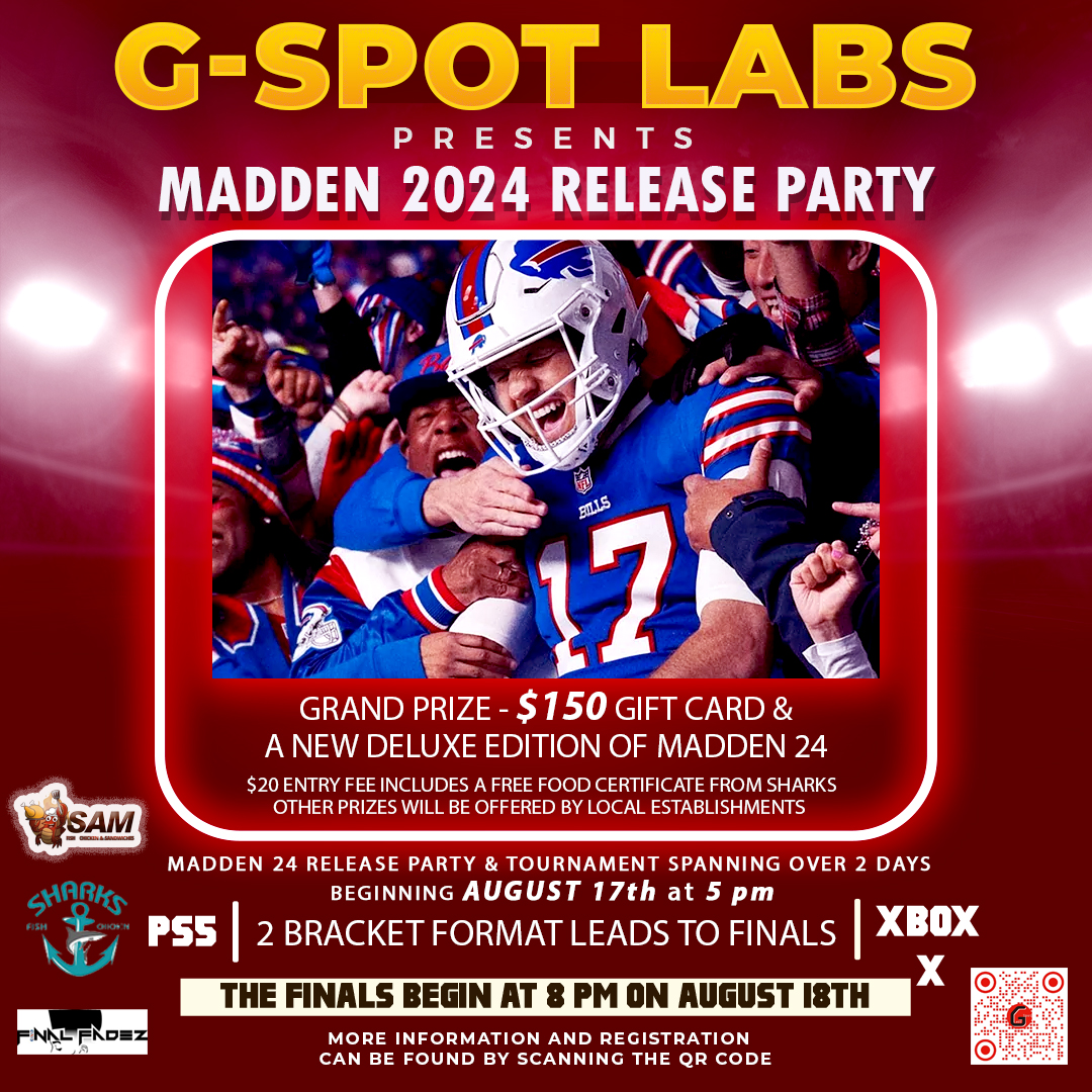 G_Spot_Labs's tweet photo. Are you ready to immerse yourself in the intensity, excitement, and adrenaline-pumping action of Madden?
Players are eligible to register for 1st round games starting @5, 6, 7, or 8pm on the 17th.
More information and Registration can be found @ 
https://t.co/YKrQTkLGoW QR code https://t.co/toqUiCo1te