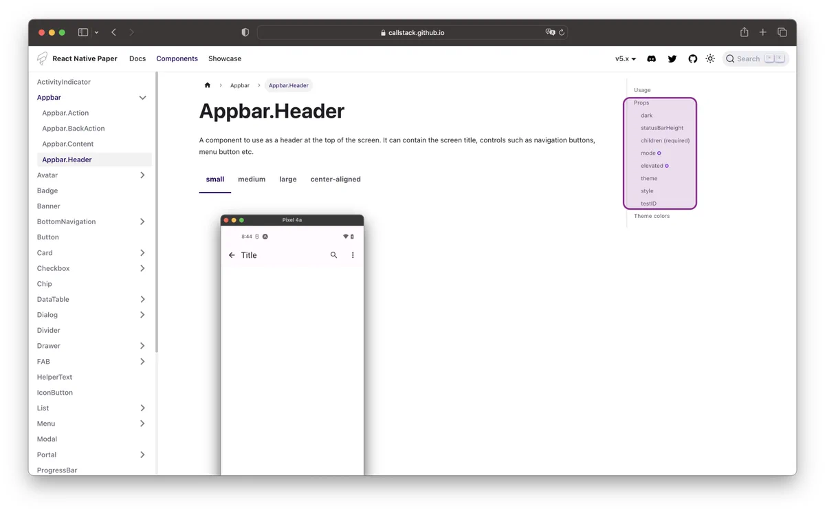 screenshot from react-native-paper library documentation, presenting appbar header component