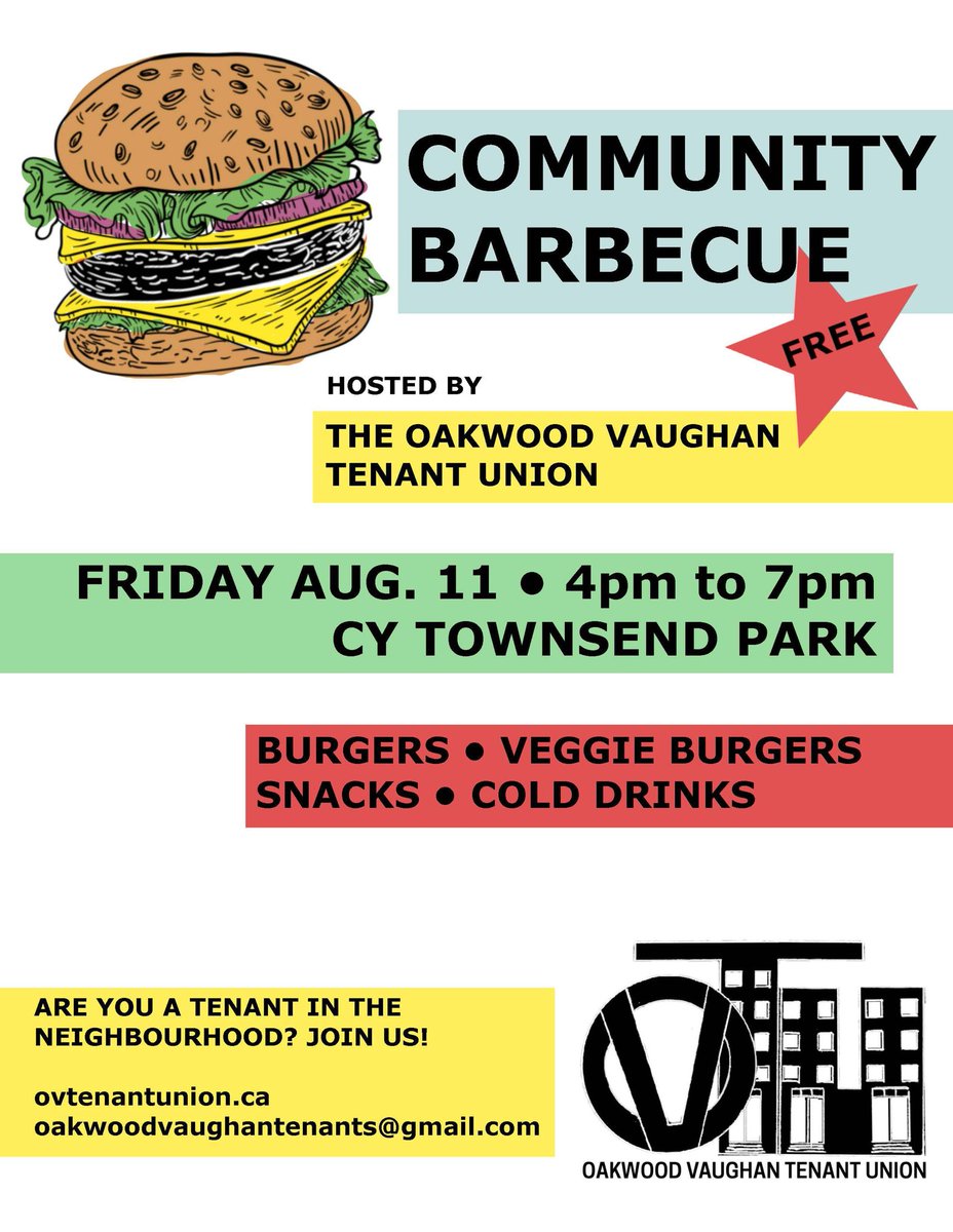 OVTenantUnion's tweet image. Hey Oakwood Vaughan tenants! We would love to see your faces at our free community BBQ this Friday. There will be 🍔🥤🎵 and of course neighbourly vibes. See you there 👋👋👋