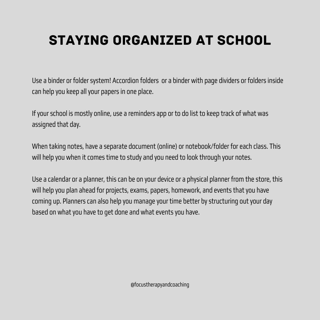 Focus Therapy & Performance Coaching (@therapyfocus) on Twitter photo Staying organized can be challenging, here are some tips to help you get started. Try to stick to your organization routine or get back on track when you notice that you've gotten off track!
#focustherapyandperformancecoaching #mentalhealth #therapy #performancecoaching Staying organized can be challenging, here are some tips to help you get started. Try to stick to your organization routine or get back on track when you notice that you've gotten off track!
#focustherapyandperformancecoaching #mentalhealth #therapy #performancecoaching