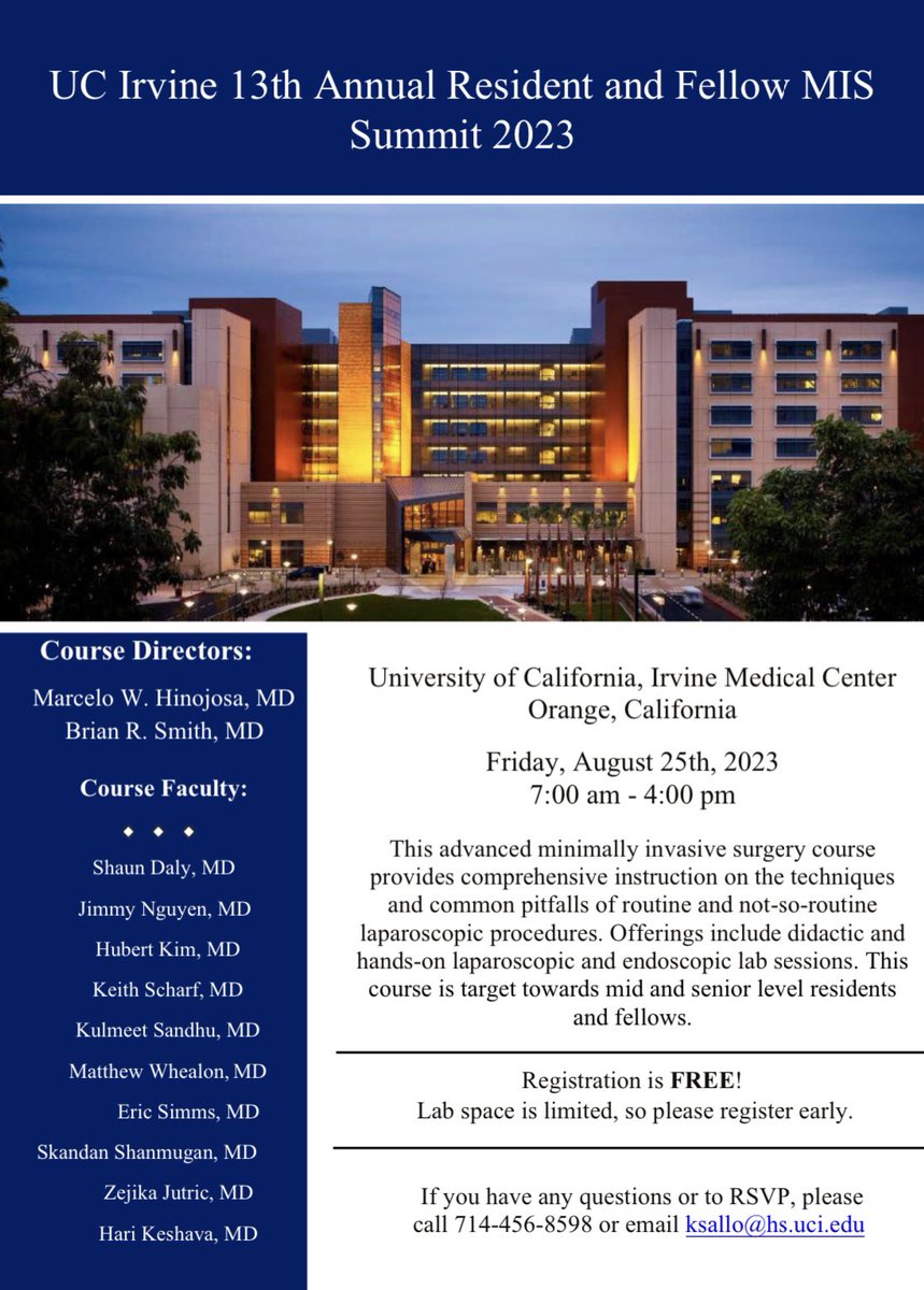 UCI.GI.Surgery (@surgeryuci) on Twitter photo Join us for the 13th annual Resident and Fellow MIS summit. Great didactics. Hands-on experiences. World class faculty dedicated to a great experience. <a href="/SAGES_Updates/">SAGES is in Tampa in 2026!</a> <a href="/UCIrvineHealth/">UCI Health</a> <a href="/ForegutSociety/">The American Foregut Society</a> <a href="/UCIrvineSurgery/">UC Irvine Surgery</a> <a href="/SoCalSurgeons/">SoCal Chapter - American College of Surgeons</a> #MIS #UCI Join us for the 13th annual Resident and Fellow MIS summit. Great didactics. Hands-on experiences. World class faculty dedicated to a great experience. <a href="/SAGES_Updates/">SAGES is in Tampa in 2026!</a> <a href="/UCIrvineHealth/">UCI Health</a> <a href="/ForegutSociety/">The American Foregut Society</a> <a href="/UCIrvineSurgery/">UC Irvine Surgery</a> <a href="/SoCalSurgeons/">SoCal Chapter - American College of Surgeons</a> #MIS #UCI