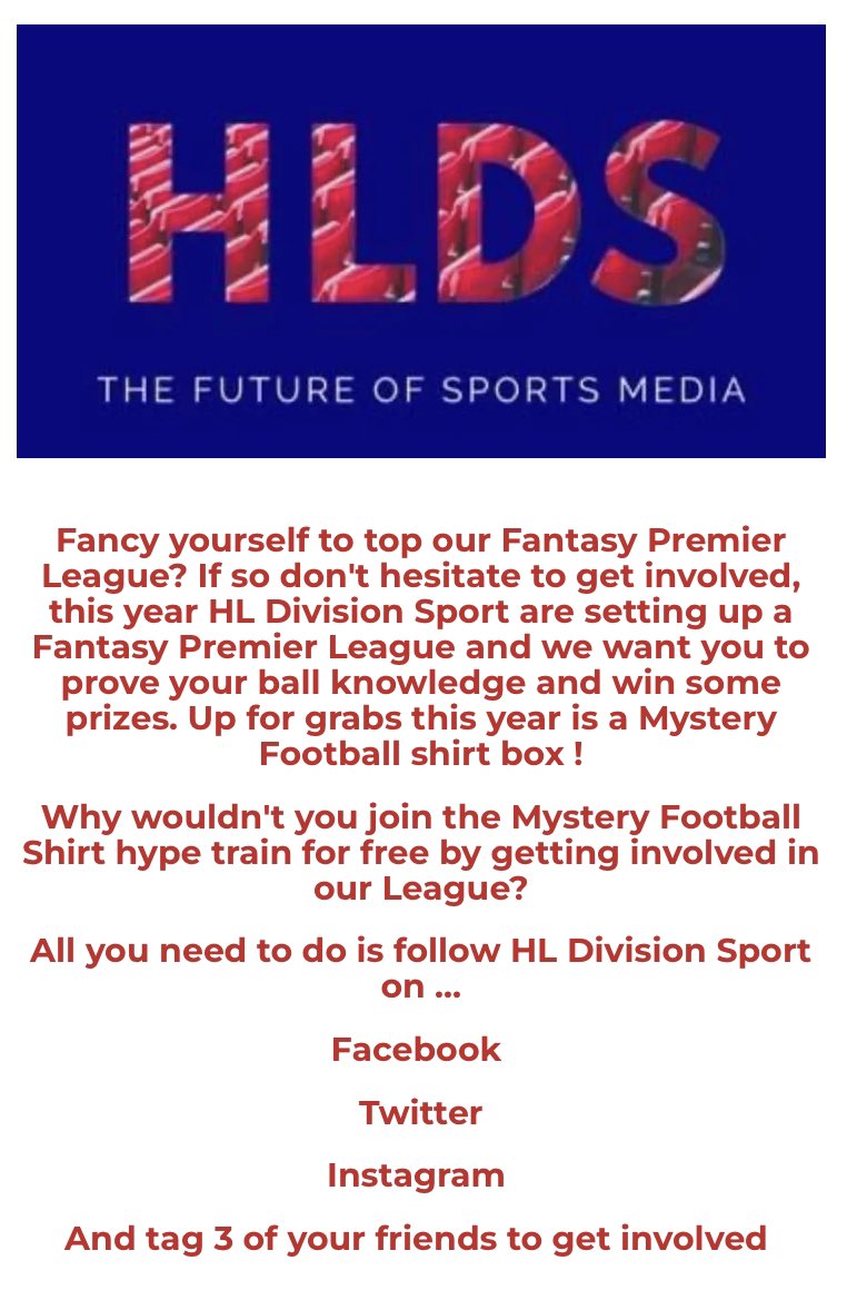 HLDivisionsport's tweet photo. Follow our Twitter https://t.co/ud4S0OOmWZ  Follow our Facebook https://t.co/iIVC5Ez7Nz   
Follow our Instagram https://t.co/a9JL05jduA  
And Tag 3 of your friends in one our posts   
Here's the link to the League and our code https://t.co/z0DWDpFCkG  
4004gz  #FPL #Free #Prizes https://t.co/niLZZflODz