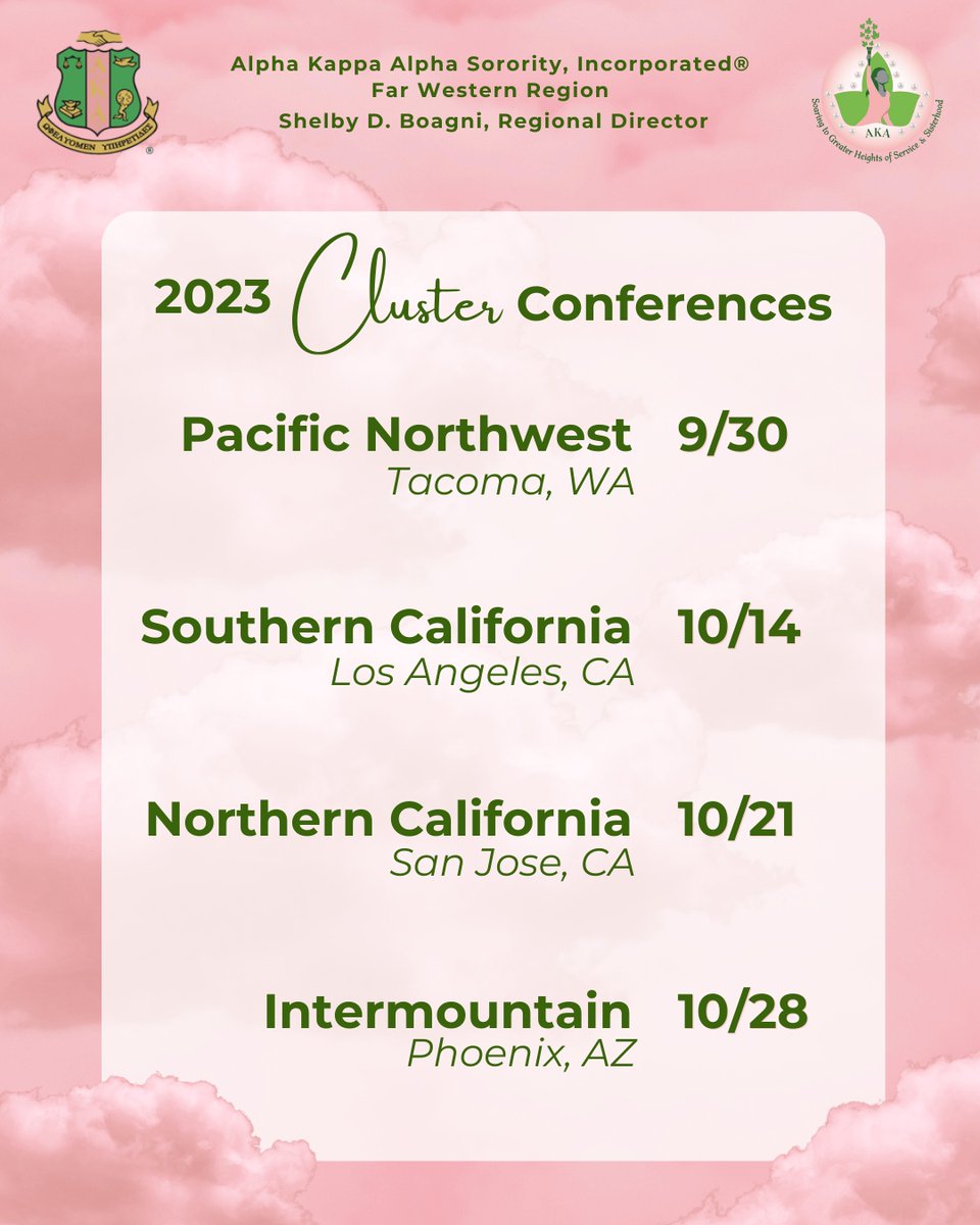 AKAFarWestern's tweet photo. The 2023 Far Western Regional Cluster Conference Season is upon us! Save the date! #aka1908 #akafwr https://t.co/8LrZ4xGMpV