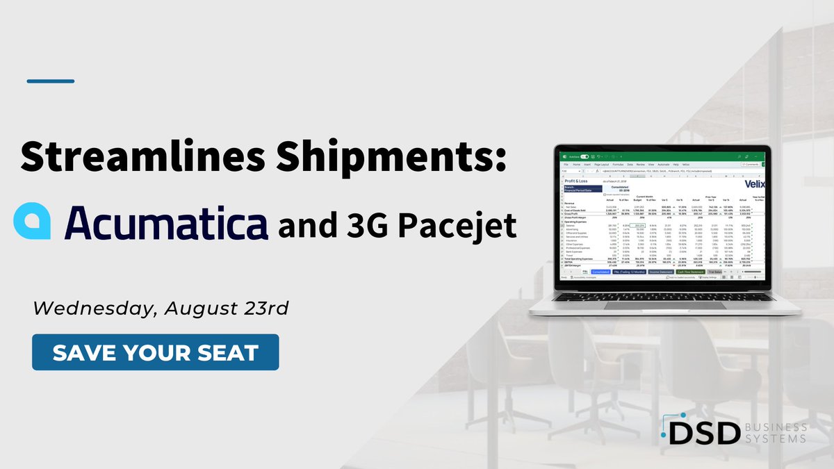 DSDinc's tweet photo. Do you want to simplify your complex order fulfillment and shipping processes? Join us Wednesday, August 23, to see how #Acumatica and 3G Pacejet can show you how automating shipping processes can benefit your business. https://t.co/KmXEQYZanD https://t.co/xdwGO6F0Iu