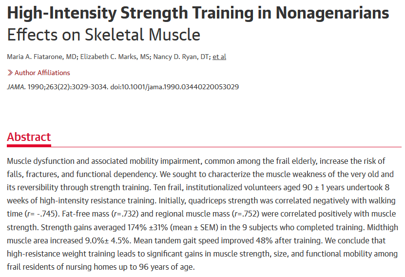 It is never too late to start exercising

8 weeks of resistance training in adults 86 to 96 years of age

180%⬆️in strength

9%⬆️in muscle size

48%⬆️in gait speed

pubmed.ncbi.nlm.nih.gov/2342214/