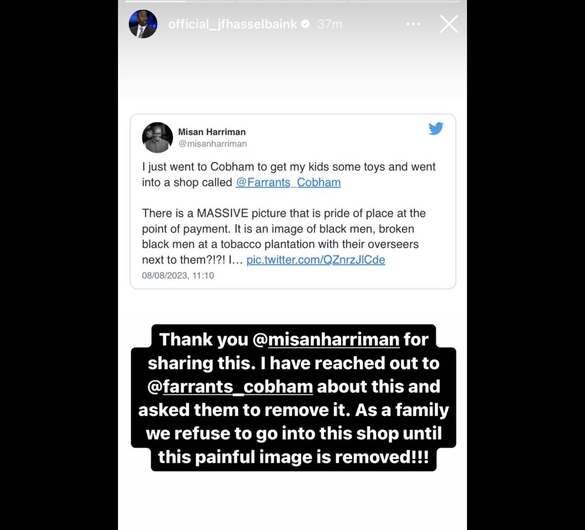 This is crazy, I just found out that football legend <a href="/jf9hasselbaink/">Jimmy Floyd⚽️</a> asked <a href="/Farrants_Cobham/">FARRANTS</a> in 2020 to take the racist image down. They did not!

SMH