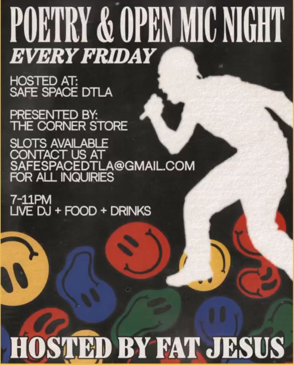 TheeMissDixon's tweet photo. @youngGo102 @zoeosama_ @drummerboykenai @phatboyyyyy @JJAHMEDD @ICECOLDBISHOP AUGUST 11TH - 🎤 @safespacedtla presents: Poetry &amp; Open Mic night! (Every Friday) 7PM -11PM 
Powered by: @CornerStoreLA 
This week is hosted by @FatJesus562 
Hit the email to book your slot! https://t.co/BcYgpf1vOV
