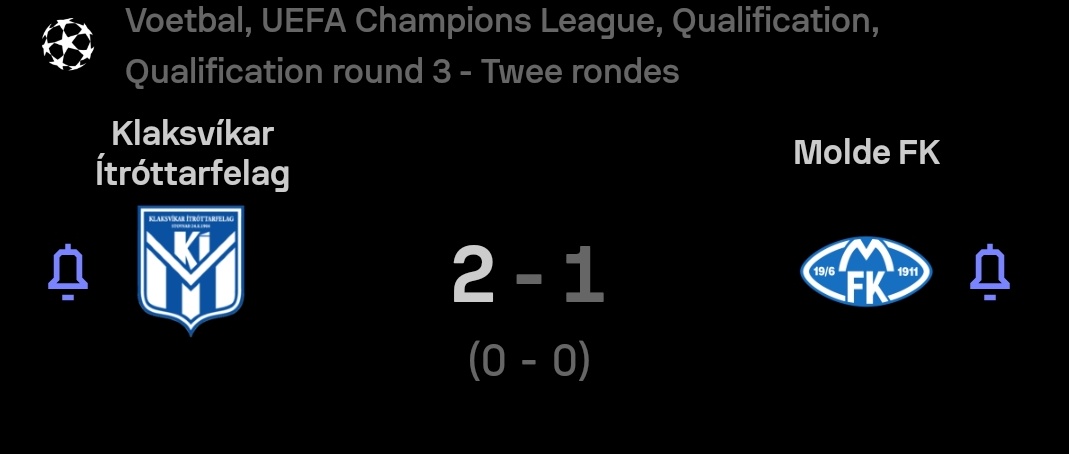 Real_timmer2425's tweet photo. Het sprookje van Klaksvík in de Champions League blijft duren. De kampioen van de Faröer wint zijn eerste duel in de 3de voorronde tegen Noors kampioen Molde. Eerder schakleden ze ook al de kampioenen van respectievelijk Zweden (BK Häcken) en Hongarije (Ferencvaros) uit. #CL https://t.co/C6up8C96W9