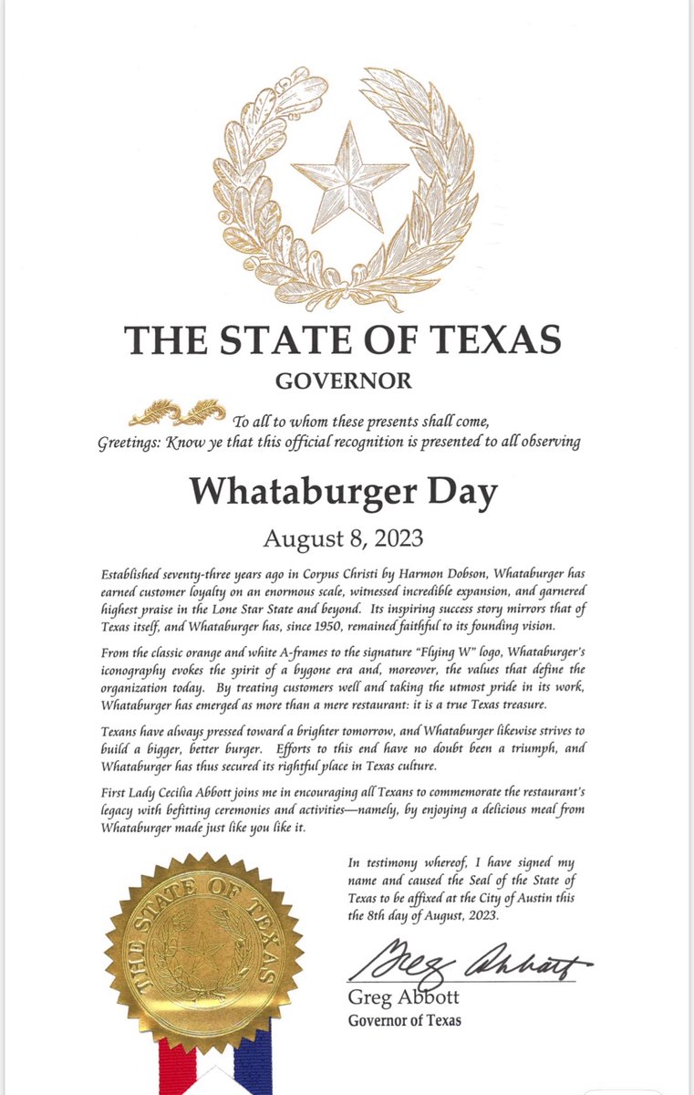 .<a href="/Whataburger/">Whataburger®</a> is a true Texas gem.

Proud to officially recognize August 8 as Whataburger Day in Texas.

Happy Whataburger Day to all those celebrating!