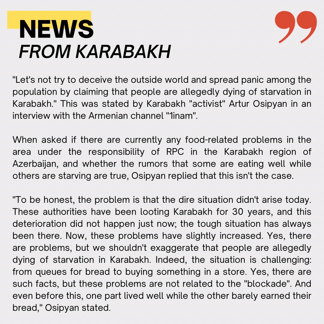 Azeri_Mamedov's tweet photo. Armenian Karabakh activist Osipian, in his interview with the Armenian news channel: 

"Let's not deceive int'l community that there's hunger in Karabakh. Yes, we have some difficulties, but they are mostly due to the corruption of #Armenia|n authorities of #Karabakh. https://t.co/fshYn9ORC8