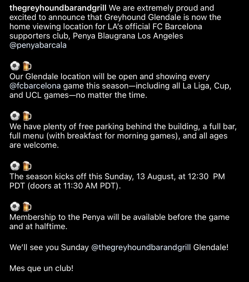 Join us for our season opener ⬇️ 
@ #TheGrayhoundBarandGrill 
933 S Brand Blvd, 
Glendale, CA 91204
#GetafeBarça 🔵🔴
