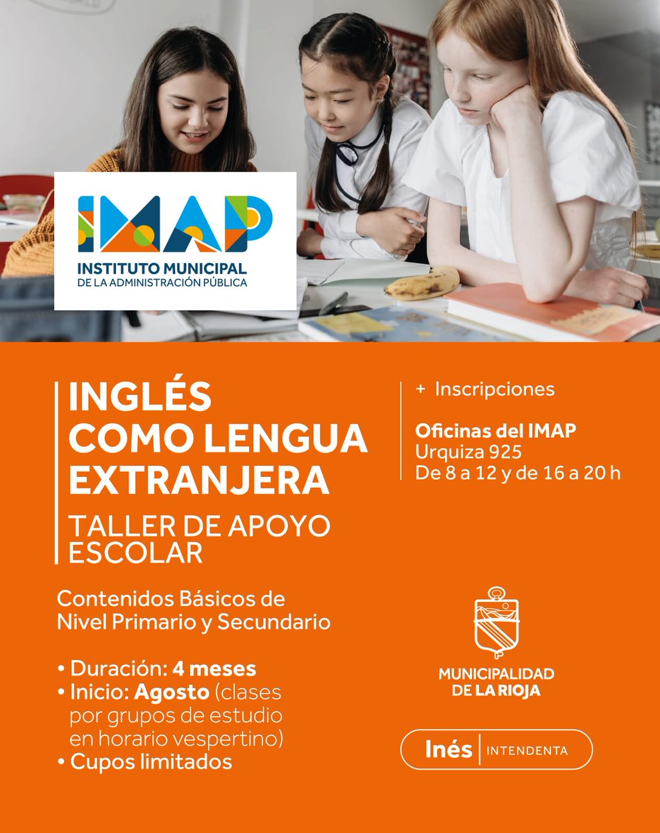 🙋‍♂️🙋‍♀️𝐓𝐀𝐋𝐋𝐄𝐑 𝐃𝐄 𝐀𝐏𝐎𝐘𝐎 𝐄𝐒𝐂𝐎𝐋𝐀𝐑: 𝐈𝐍𝐆𝐋𝐄́𝐒 𝐂𝐎𝐌𝐎 𝐋𝐄𝐍𝐆𝐔𝐀 𝐄𝐗𝐓𝐑𝐀𝐍𝐉𝐄𝐑𝐀.📣📚

Inscripciones en oficinas del IMAP, Urquiza 925, de lunes a viernes en los horarios de 8 a 12hrs y de 16 a 20hrs.
¡Más oportunidades para nuestra juventud!