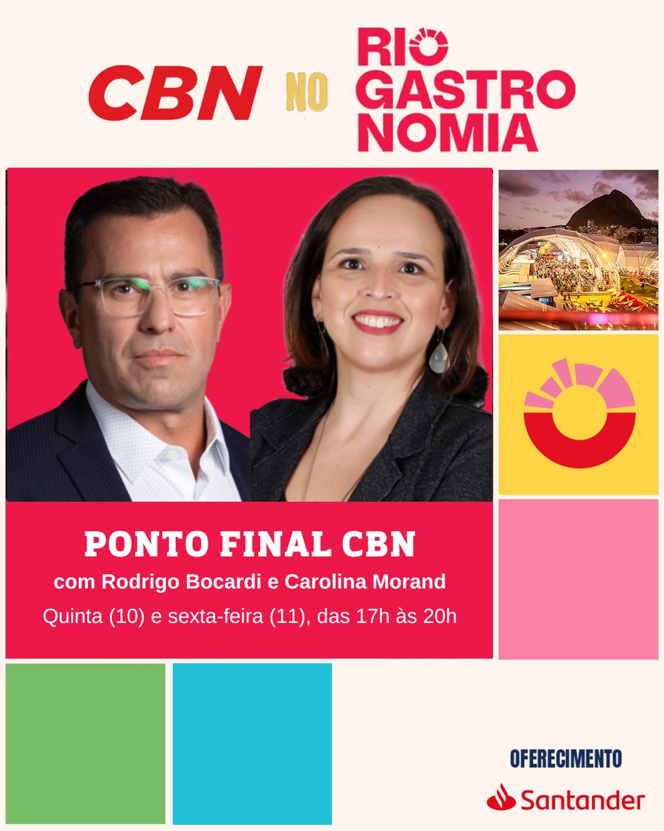 Rádio CBN (@cbnoficial) on Twitter photo A CBN vai estar no Rio Gastronomia! 😱 Na quinta (10) e sexta-feira (11), os ouvintes que forem ao evento, que acontece no Jockey Club Brasileiro, na Gávea, poderão acompanhar o Ponto Final CBN, com <a href="/carolmorand/">Carolina Morand</a> e <a href="/rodrigobocardi/">Rodrigo Bocardi</a>. Não perca! #NoArNaCBN A CBN vai estar no Rio Gastronomia! 😱 Na quinta (10) e sexta-feira (11), os ouvintes que forem ao evento, que acontece no Jockey Club Brasileiro, na Gávea, poderão acompanhar o Ponto Final CBN, com <a href="/carolmorand/">Carolina Morand</a> e <a href="/rodrigobocardi/">Rodrigo Bocardi</a>. Não perca! #NoArNaCBN