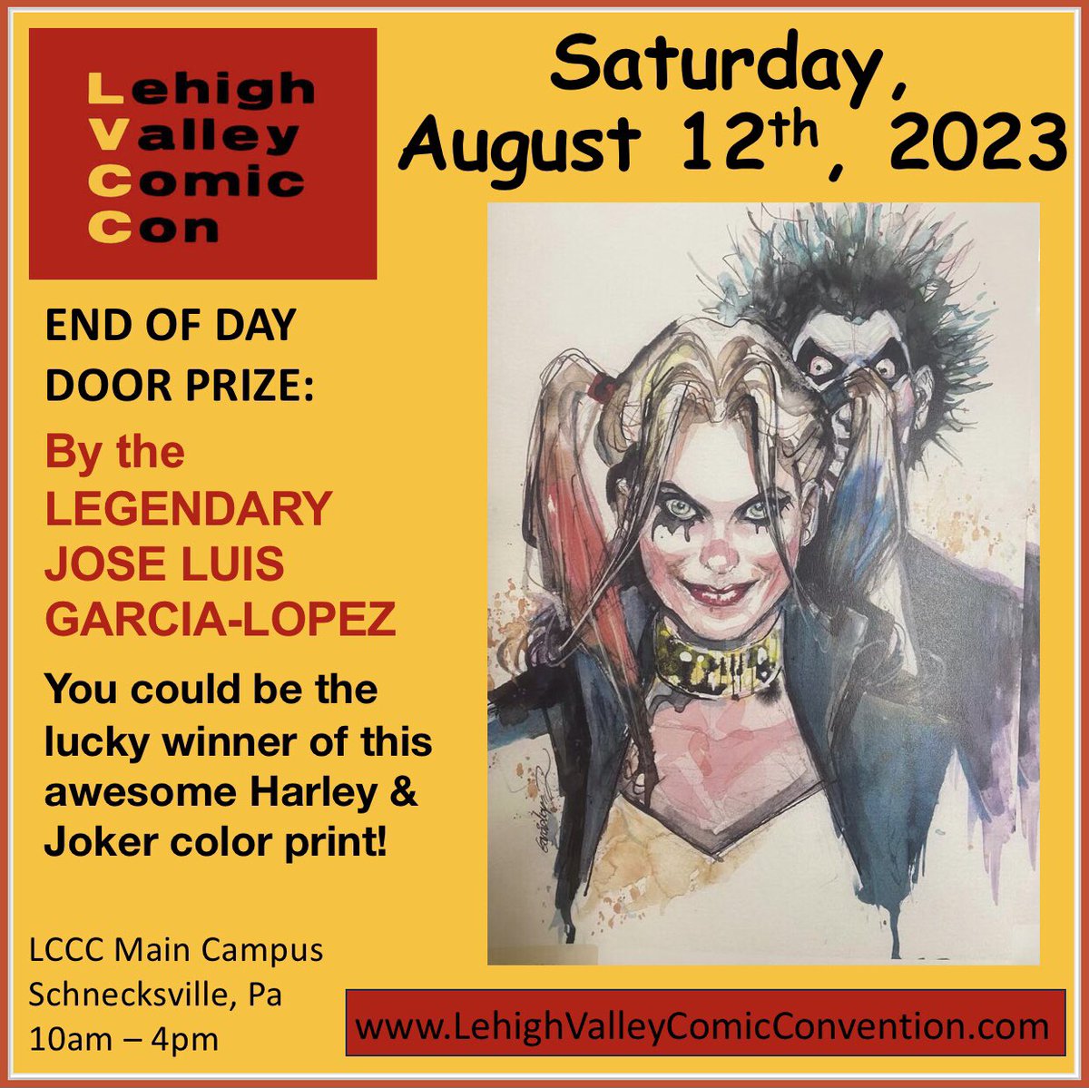 Saturday, August 12th: END OF DAY DOOR PRIZE! By the LEGENDARY JOSE LUIS GARCIA-LOPEZ! Awesome Harley & Joker color print! LehighValleyComicConvention.com #joseluisgarcialopez #dccomics #harley #HarleyQuinn #conventions #comiccon #comicbookartist #comicbookcollector #comicfan