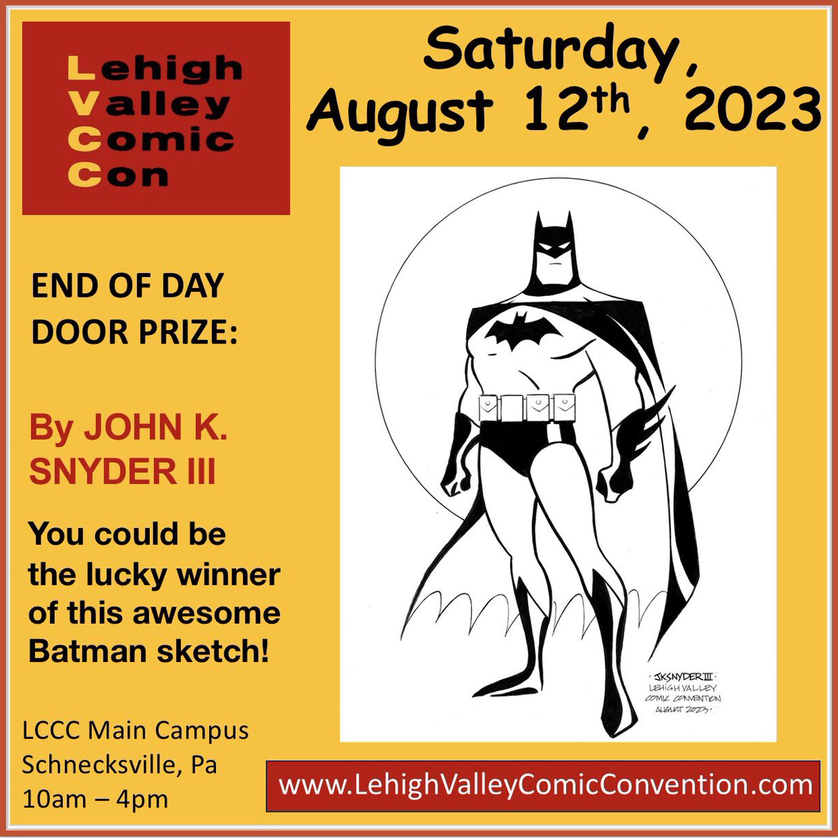 Saturday, August 12th: END OF DAY DOOR PRIZE! You could be the lucky winner of this awesome BATMAN sketch by JOHN K. SNYDER III! LehighValleyComicConvention.com #batman #Batman #batmancomic #dccomics #conventions #comiccon #comicbookartist #comicbookcollector #comicfan