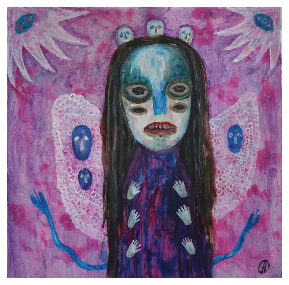 Six Hands, Four Faces. Real proud of this one. Acrylic on drafting film, available in my store (link in bio). #art #painting #folkart # girl #portrait #laart #acrylic #artgallery #ArtOfTheDay #mfa #kunst #ghost #spirit #skull #eyes #artstudio #mixmedia