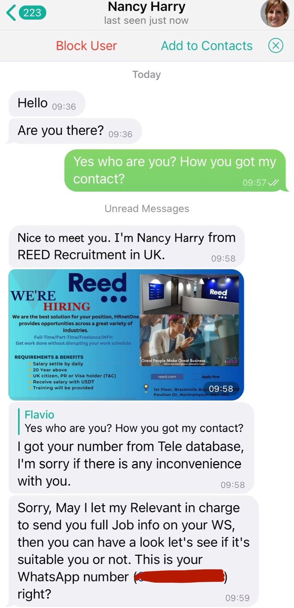 The spamming for job ads over on #telegram is massive and annoying recently. It was clearly bots at first, now they started using screenshots like this about <a href="/reedcouk/">Reed.co.uk</a> … I wonder if #recruiters have actually started using IM legitimately or what