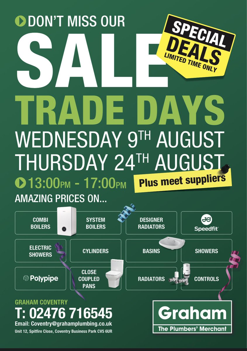 Tomorrow Graham Plumbers' Merchant Coventry come grab a bargain! All this month great deals for all on hundreds of items.